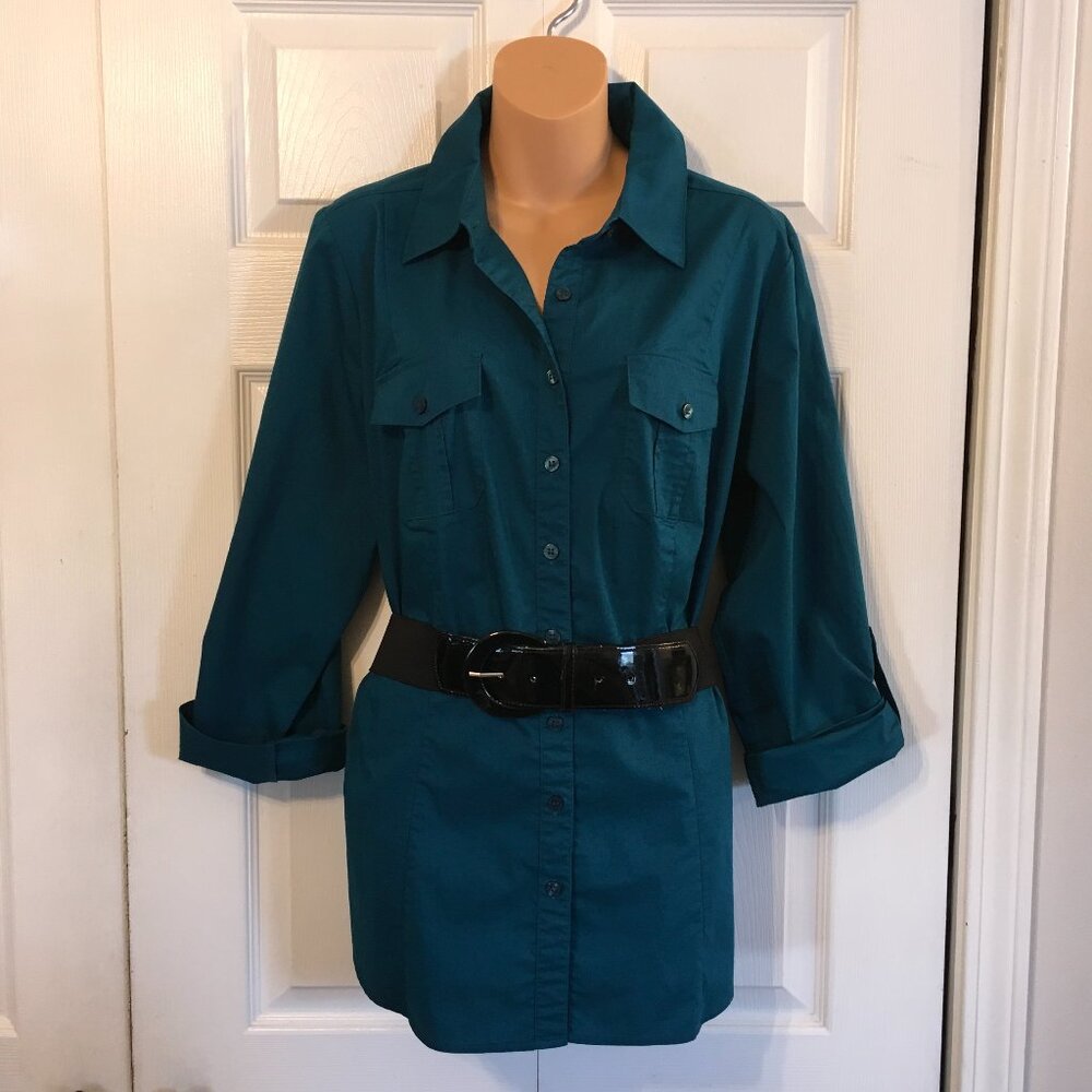 Worthington Teal Belted Blouse 3/4 Sleeve